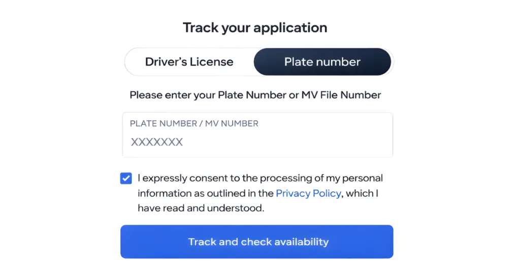 Now you have a tracking window on your screen, select the option “Plate Number” for your plate inquiry.